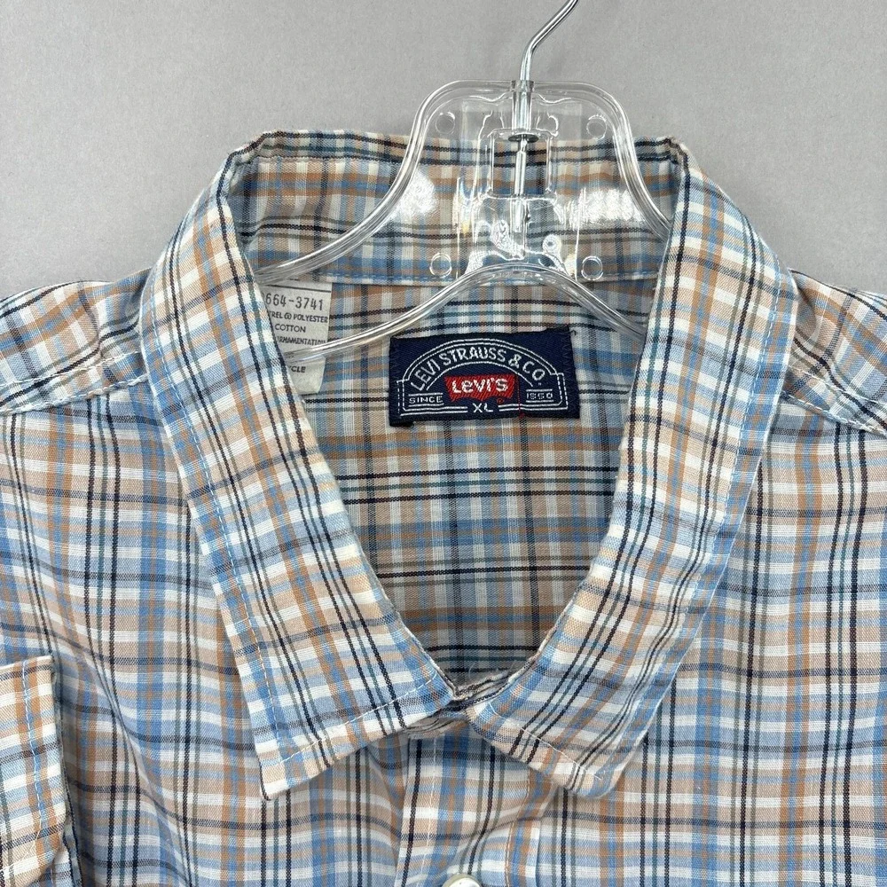 Vintage Levis Shirt Mens XL Blue Beige Plaid Workshirt Pockets Made USA‎ 70s